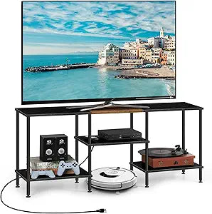 TV Stands for Living Room 50 inch TV Stand with Power Outlet Entertainment Center with Storage 3 Tier TV Console Table for 50 43 40 32 inch TV, Black