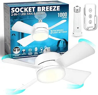 Bell+Howell Socket Breeze 15.4" Socket Fan Light, 5-Speed Deluxe Model  Portable Low Profile Ceiling Fans with Lights and Remote Control  For Bedroom, Kitchen, Living Room
