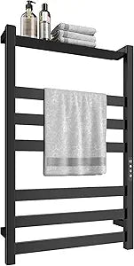 Towel Warmer,Stainless Steel Towel Warmer Rack for Bathroom -6 Bars with Shelf Wall Mounted Towel Heater with Intelligent Touch Screen Timer, Hard Wired/Plug-in, Black