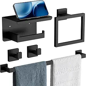 5-Pieces Matte Black Towel Bar Sets, 24 Inch Bathroom Hardware Kit, Total 26 Inch Towel Racks, Bathroom Towel Holder Wall Mounted Hardware Set SUS304 Stainless Steel