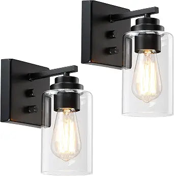 Pia Ricco Wall Sconces Set of Two, Bedside Wall Lamps with Rotary Switch for Bedroom, Modern Bathroom Light Fixtures with Clear Glass Shade, Black Sconces Wall Lights for Living Room, Hallway, Kitchen