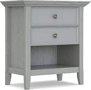 SIMPLIHOME Amherst Bedside Table - 24 inch Wide Solid Wood Nightstand Table in Fog Grey, Transitional Bedroom Side or End Table with 2 Drawers, Open Storage Shelf and Bronze Hardware