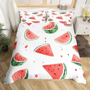Manfei Watermelon Duvet Cover Set Twin Size,Summer Tropical Fruits Rustic Bedding Set for Boys Girls,Hand Drawn Watercolor Watermelon Comforter Cover,Red Green Quilt Cover,1 Pillowcase(No Filler)