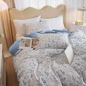Faincy Floral Queen Size Comforter Set, Blue and White Flower Pattern Printed Reversible Alternative Bedding Sets - 90 x 90 3PC Soft Microfiber Duvet Farmhouse Vintage Bed in a Bag for Women
