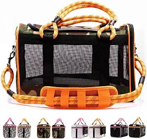 Buddy's Best Airline Approved Pet Carrier  Army Camo & Orange for Dog or Cat, Fits Under Seat, TSA Compliant, Ventilated Mesh Design w/Waterproof Base & Reflective Strips