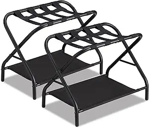 Luggage Rack Set of 2, Foldable Suitcase Stand with Fabric Storage Shelf Easy Assemble Metal Luggage Holder with Straps for Guest Room Bedroom Hotel, Black