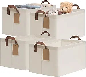 CHICVITA 4 Pack Large Storage Baskets for Shelves, Collapsible Closet Organizer Bins with Metal Frame, Fabric Storage Bins for Clothes Towels Organization, 16.8" x 11" x 9.8", Beige