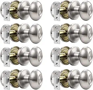 Gobrico 8 Pack Egg Shaped Passage Door Knobs Flat Satin Nickel Interior Locksets Oval Style Stainless Steel Door Handles for Hall and Closet
