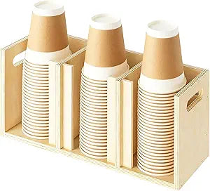 Wood Cup Lid Organizer 3 Compartments with Adjustable Dividers for Counter Wall Mount Disposable Cup and Lid Storage Kitchen Restaurants Fast Food Coffee Shop Supplies (15W x 7H x 4.7D)