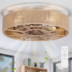 SHLUCE 22" Rattan Boho Caged Ceiling Fan with Light, Flush Mount Low Profile Ceiling Fan with Light, Rustic Large Bladeless Ceiling Fans with Lights and Remote for Bedroom, Living Room, Kitchen - ETL