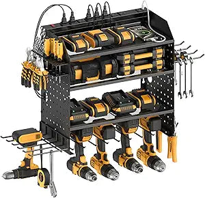 CCCEI Modular Power Tools Organizer with USB Charging Station, 4 Layer Drills and Battery Storage Wall Mount, Garage Shop Organization, Anniversary, Birthday, Gifts for Men, Father, 10FT Cord, Black.