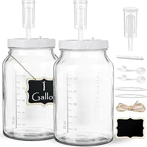 2 Pack 1 Gallon Large Fermentation Jars with 3 Airlocks and 2 SCREW Lids(100% Airtight Heavy Duty Lid w Silicone) - Wide Mouth Glass Jars w Scale Mark - Pickle Jars for Sauerkraut, Sourdough Starter