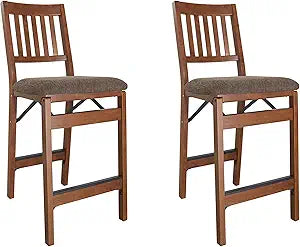 MECO Stakmore Solid Wood Dining Table Counter Stools Set - Fabric Padded Upholstered Seat & Steel Folding Mechanism, Fruitwood Frame & Jax Fabric