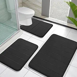 Yimobra Memory Foam Bath Mat Set 3 Pieces- Super Soft Absorbent Quick Dry Bathroom Rug Sets, Machine Washable Non Slip Floor Carpet for Tub Shower, Vanity & Toilet Base, Black
