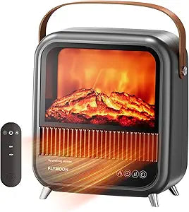 FLYMOON Electric Fireplace Heater, Fireplace Heater with 3D Different Flame Effects, 750/1200W, 7 H Timer, Electric Fireplace Heaters with Overheating & Tip-Over Protection for Office Garage Indoor