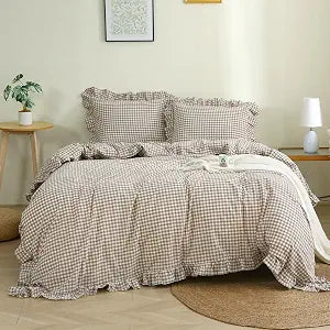 Silnuo Taupe/White Plaid Ruffle Duvet Cover Full Size,100% Washed Cotton 3 Pcs Vintage Checkered Chic Gingham Bedding Set Comforter Cover Set