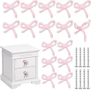 MorningRo Pink Bow Drawer Knobs Matel Bow Knobs for Dresser Coquette Room Decor Vintage Dresser Handles Cabinet Drawer Pulls for Home Bedroom Kitchen Hardware Cupboard(16 Pcs,Pink,Classic Style)