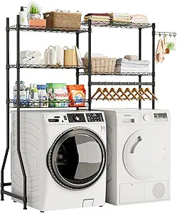 Golpart Over Washer and Dryer Shelves,Heavy Duty Laundry Room Storage Organization Clothes Drying Rack,5 Tier Adjustable Height Wire Shelving and Wire Basket with Hanger Rod&Hook,Space Saving Shelf