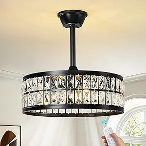 Black Caged Ceiling Fan with Light and Remote 19 Inch Modern Crystal Fandelier Ceiling Fan with Light Semi Flush Mount Farmhouse Chandelier Fan Light for Bedroom Kitchen Living Room