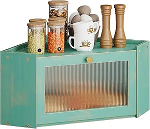 Trironsun Corner Bamboo Bread Box for Kitchen Counter Large Capacity Rustic Bread Storage Container with Wavy Arcylic Transparent Door Vintage Storage for Homemade Bread (Antique Blue)