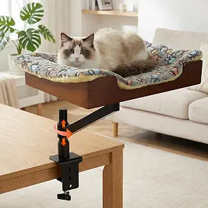 Cat Bed for Desk- Classy Bamboo Base Come with Plush Bedding Stable and Sturdy Clamp Can Adjust Height 360 Rotation Have Your Precious Cat Watching While You Study or Work Up to 33 lb Load