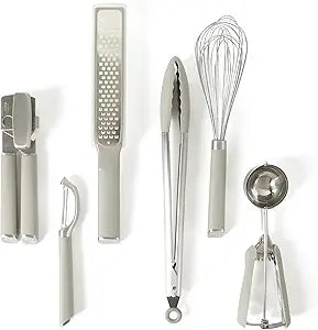 Calphalon Edge 6-Piece Stainless Steel Kitchen Tool & Gadget Set, Kitchen Utensil Set with Silicone Accent, Can opener, Straight peeler, Grater, Tongs, Balloon whisk and Scoop (Taupe)