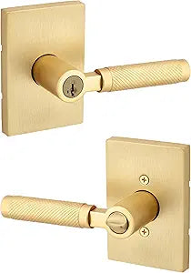 Kwikset Prava Entry Door Knurled Handle with Lock and Key, Secure Keyed Reversible Lever Exterior, for Front Entrance and Bedrooms, Satin Brass, Pick Resistant Smartkey Rekey Security and Microban