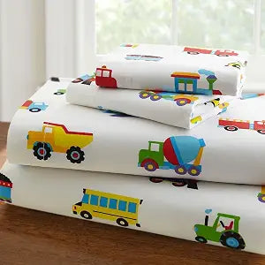 Linen Plus Sheet Set for Boys/Teens Trucks Cars Tractors Police Care Airplane Balloons White Yellow Red Green Blue Flat Sheet and Fitted Sheet and Pillow Case Twin New