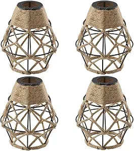 Metal Cage Handcrafted Woven Lampshade in Natural Neutral Jute Rope Industrial Style Lighting with Elegant Patterns for Wall Sconces Ceiling/Pendant Lights Table/Floor Lamps Home Decor - 4 Packs