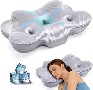 CCidea Dual Ear Relief Zone Contour Pillow, Ice Silk Satin Cervical Memory Foam Pillow for Sleeping, Ergonomic Neck Support for Side, Back & Stomach Sleepers (Grey-Pillow)