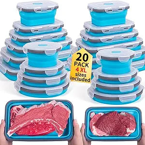 Collapsible Food Storage Containers with Lids 20 Pack(81oz/58oz Extra Large Included), 12 Rectangular+8 Round, Annaklin Silicone Collapsible Food Containers Sets Microwave Freezer Dishwasher Safe Blue