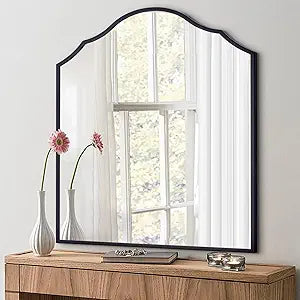 32"x30" Vanity Mirror for Wall, with Black Arched Decorative Metal Frame, Scalloped Entryway Mirror for Bedroom, Bathroom, Living Room