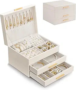 Lolalet 3-Layer Jewelry Box Organizer for Women Girls, Jewelry Storage Case Holder with Drawers for Necklaces Ring Earrings Bracelet Watch, Gifts Choice for Mom Mothers Day -Beige
