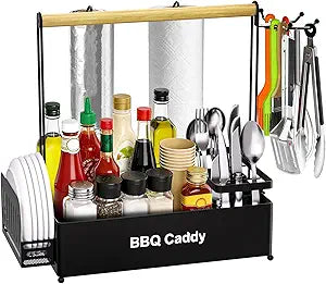 Grill Caddy, BBQ for Outdoor Grill with 2 Paper Towel Holders, Picnic BBQ Condiment Utensil Organizer Caddy for Outdoor Cooking, Rv, Camping Essential, Camper Must Haves,Gifts for Men