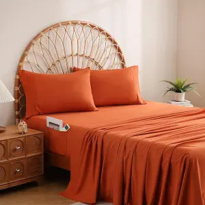JSD Burnt Orange Queen Sheet Set Side Pocket, Microfiber Deep Pocket with Corner Straps