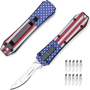 Automatic Utility Knife,All Metal Construction Carbon Stainless Steel Blade,Box Cutter Quick Change Retractable,EDC Push Button with Clip,10PCS #23 Blades Replacement,Stars&Stripes