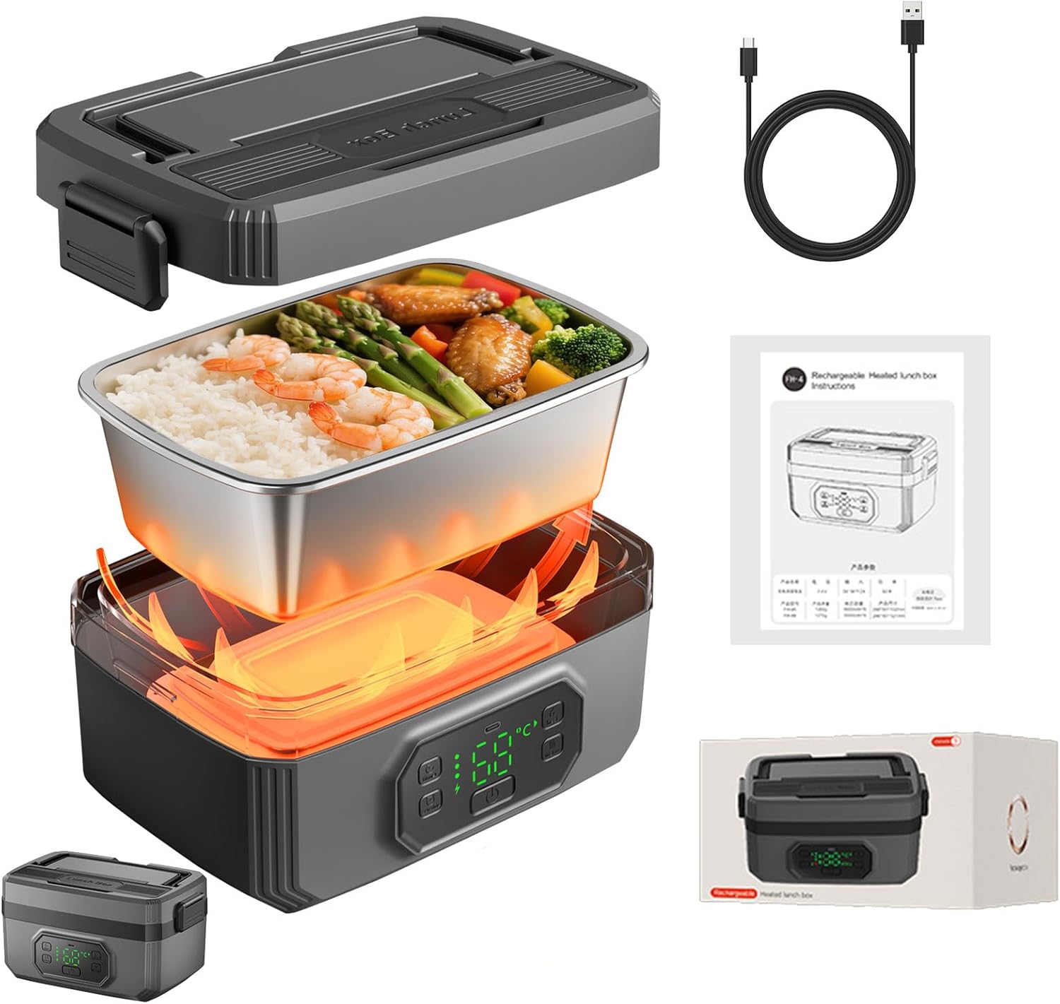 VVU&CCO Portable Electric Lunch Box for Adults with Timer,Rechargeable Self Heating Lunch Box for Men with 1.6L SS Container,24,000mAh Battery Powered, Convenient for Work\/Travel\/Camping