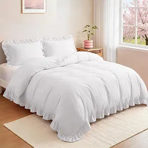 FUANNA White Duvet Cover Queen Size, No Comforter | 4-Inch Ruffle Duvet Cover Set, Ultra Fluffy Comforter Cover with Corner Ties & 2 Pillow Shams, Washed Microfiber
