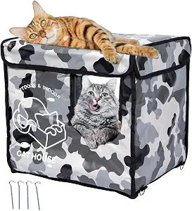 Indestructible Cat House Outdoor with Two-Sided Escape Door, Insulated and 100% Waterproof, Outside Weatherproof Feral Cat Shelter for Winter, Oxford Cloth Upgraded(Camouflage, s)