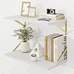 Dreamland 24 Inch Floating Shelves for Wall 2 Pack for Bedroom|Kitchen|Bathroom Wall Mounted Rustic Wood Floating Shelf with Visible Bracket for Books|Storage|Decors, 24" L x 12" D, White&Gold