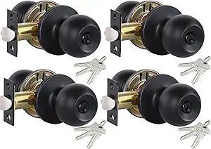 Lanwandeng 4 Pack Matte Black Door Knobs with Lock and Keys All Alike, Interior/Exterior Door Knob for Bedroom or Bathroom, Entry Door Lock