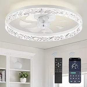 LEDIARY 20" Modern Ceiling Fans with Lights and Remote, Dimmable Low Profile Ceiling Fan, Flush Mount Ceiling Fan, Stepless Color Temperature Change and 6 Speeds - White