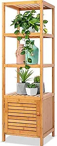 SereneLife 5-Tier Bamboo Bathroom Storage, Corner Slim Rack Cabinet Organizer Unit, 13.38 x 43.3 inch Bathroom Shelf, Towel Stand, Bookshelf, Freestanding Furniture with Shelves Indoor&Outdoor use
