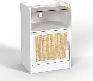 White Night Stand with Charging Station, Glass Top Bedside Table with Rattan Door Cabinet and Open Shelf, Modern Night Stand for Bedroom Storage