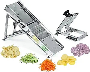 Bron Coucke  Professional Stainless Steel Mandoline with Protective Carriage  2 Integrated Cutting Blade Units (3 mm & 10 mm)  Smooth & Corrugated Blades  Adjustable  Multi-Function