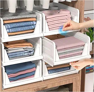 6 Pack Folding Closet Organizers Storage Box, Stackable Storage Bins, Plastic Drawer Basket Closet Storage for Wardrobe Cupboard Kitchen Bathroom Office White-6L