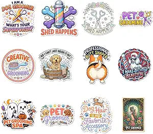 12 Pcs Dog Groomer Stickers Pack, Funny Pet Grooming Waterproof Vinyl Decals for Laptop Water Bottle, Cute Pet Salon Sticker Set Gift for Groomers Lovers