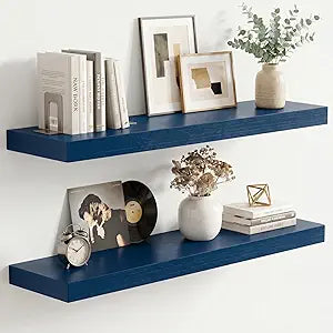 fuqing Dark Blue Floating Shelves | 24 Inch Floating Shelves for Wall Set of 2 | 24" W x 6.7" D x 1.4" H Blue Shelves for Bathroom Living Room Bedroom Kitchen