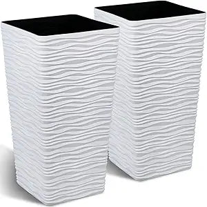 Worth Garden 22" Tall Planters Set of 2 - Plastic White Square Plant Pots with Drainage Hole - Modern Large Tapered Matte Wavy Tree Flower Pot for Indoor Outdoor Porch Deck