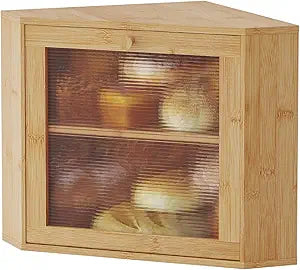 kiplant Bamboo Corner Bread Box for Kitchen Countertop - Wavy Acrylic Door, Adjustable 2-Layer Bread Storage Container, Large Bread Holder